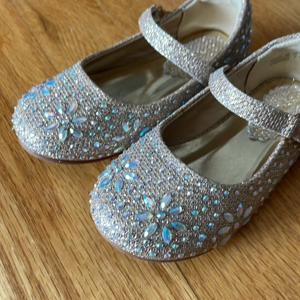 Toddler Girl Mary Jane Gold  rhinestone ballet flats Sz 7 Holiday New Years